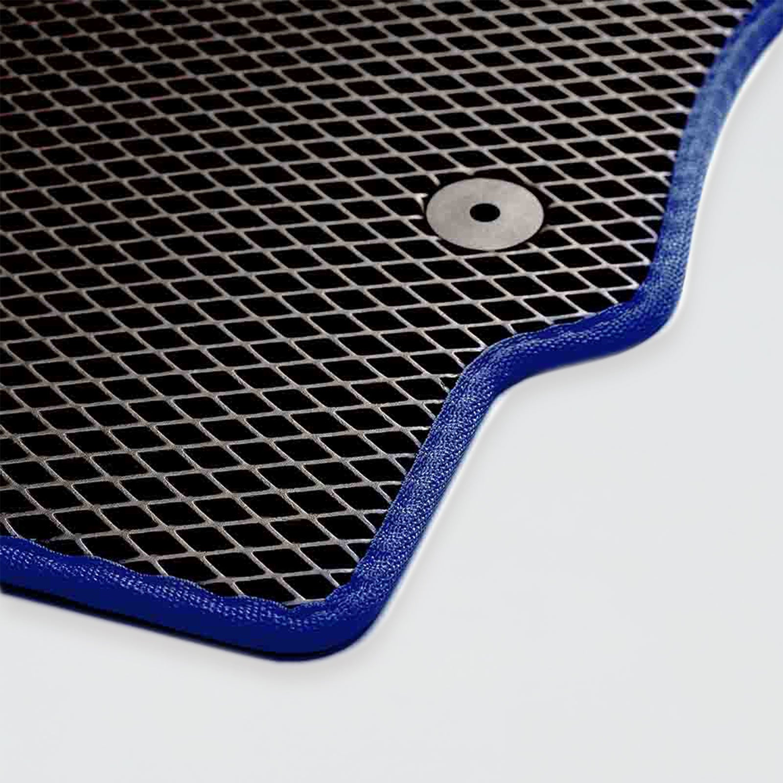Blue-edged car mat with textured black surface and central securing clip.