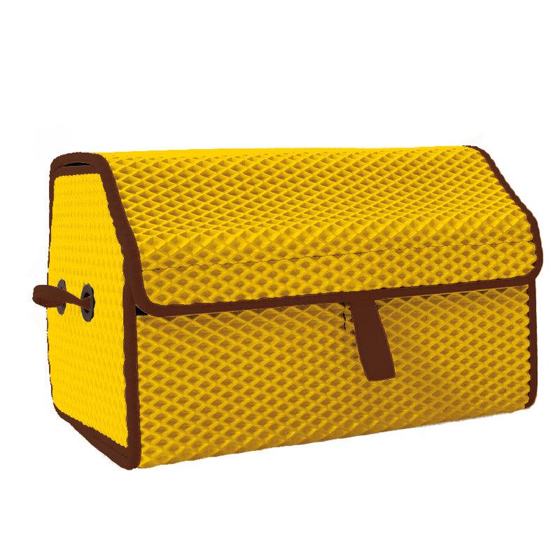 Yellow storage box with a textured surface and brown accents, featuring a foldable lid