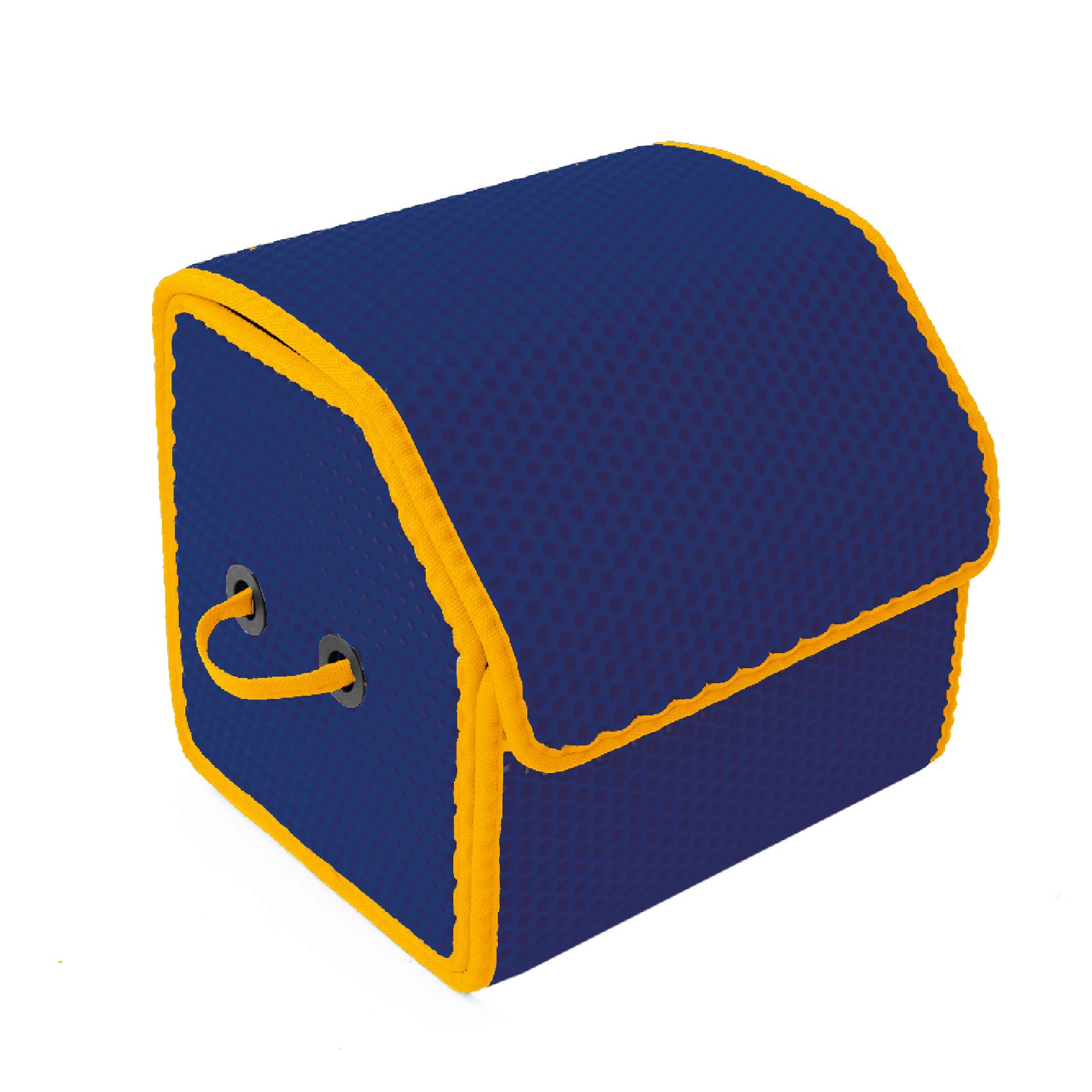 Navy blue storage box with bright yellow trim and handles.