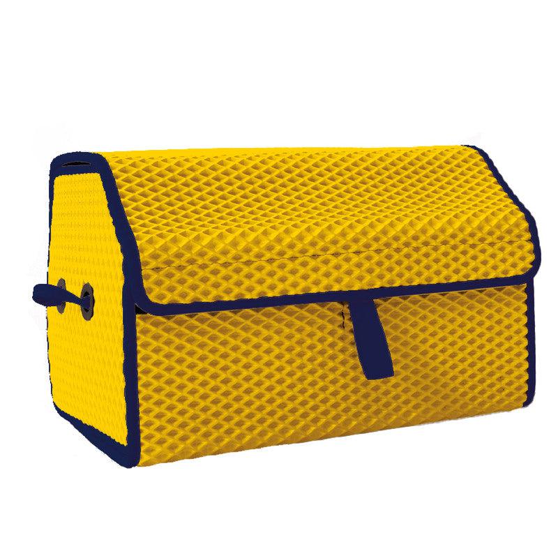 Yellow storage box with a textured surface and blue trim for organization.
