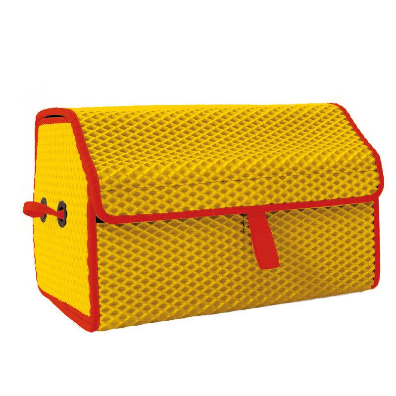 Yellow mesh storage box with red accents and a foldable top.