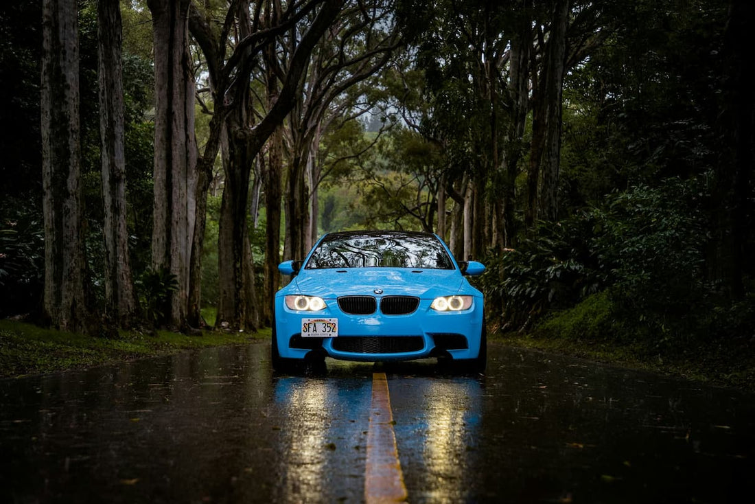 Blue sports car with headlights on parked on wet forest road after rain.