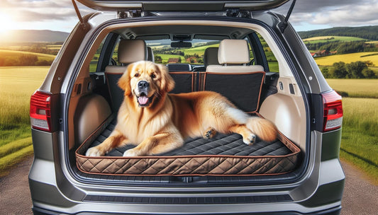 Automobilio bagažinės įdėklas su patogiai gulinčiu šunimi