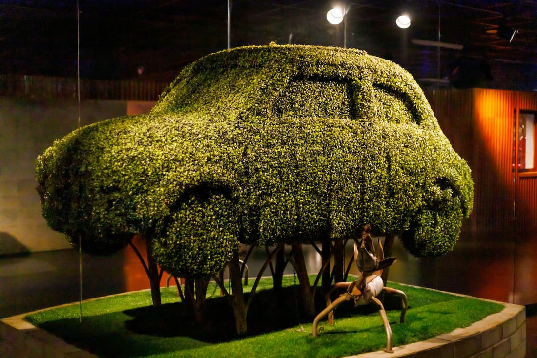 Car-shaped topiary sculpture displayed indoors with detailed greenery design.
