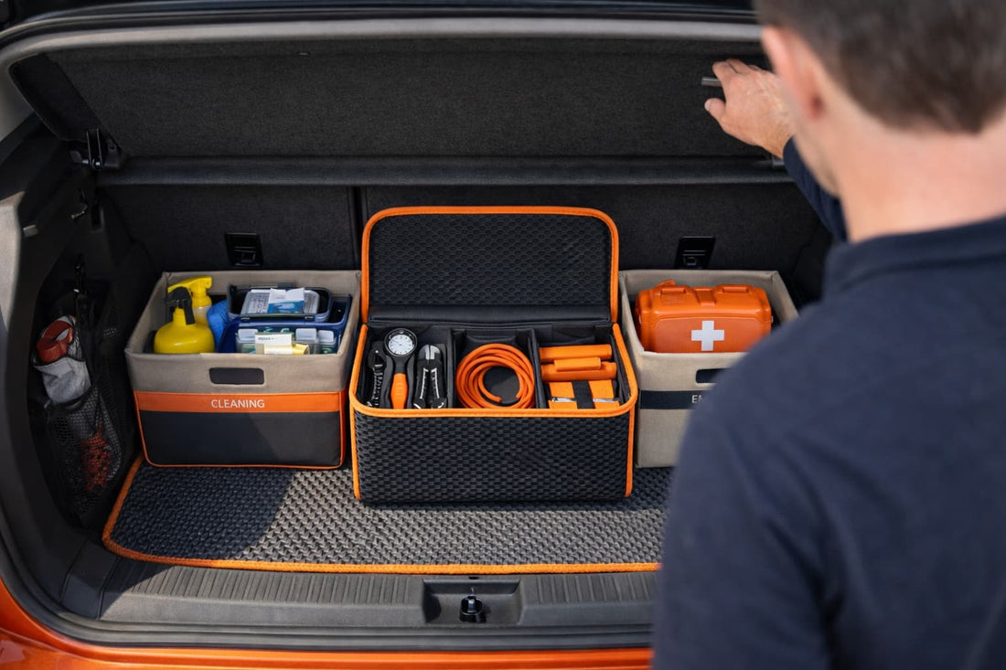 Car trunk storage organizer holding cleaning supplies, tools and first aid items.