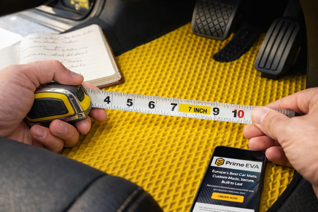 Measuring custom yellow EVA car floor mat for precise fit inside vehicle interior.