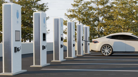 A row of modern electric car charging stations with a white electric vehicle plugged in.