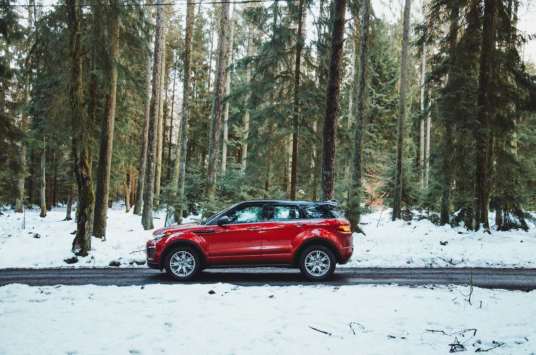 Red SUV parked on a winter forest road surrounded by snow-covered trees.