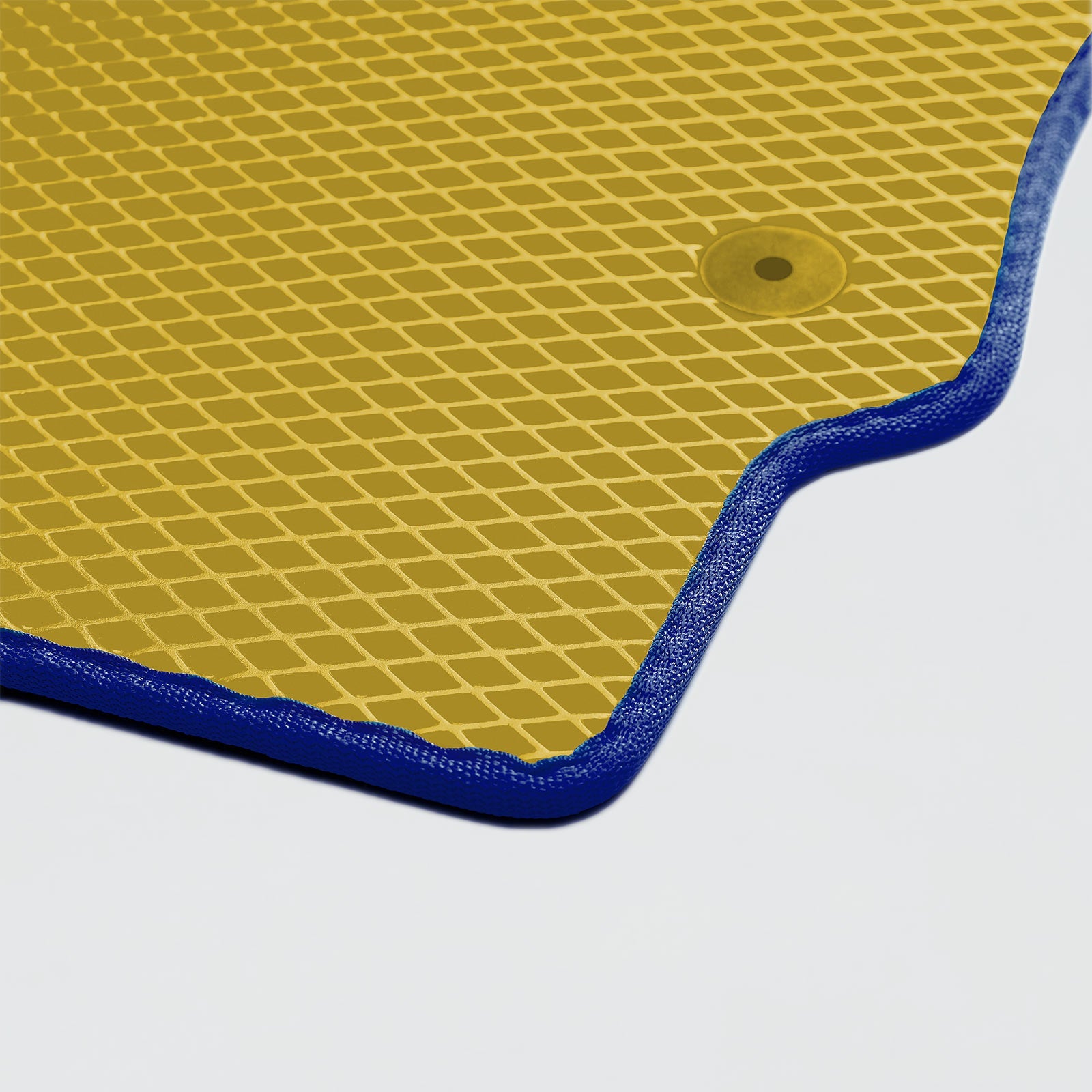Custom yellow car floor mat with blue border for micro 2-seater, waterproof EVA material, bespoke fit, car mats online.