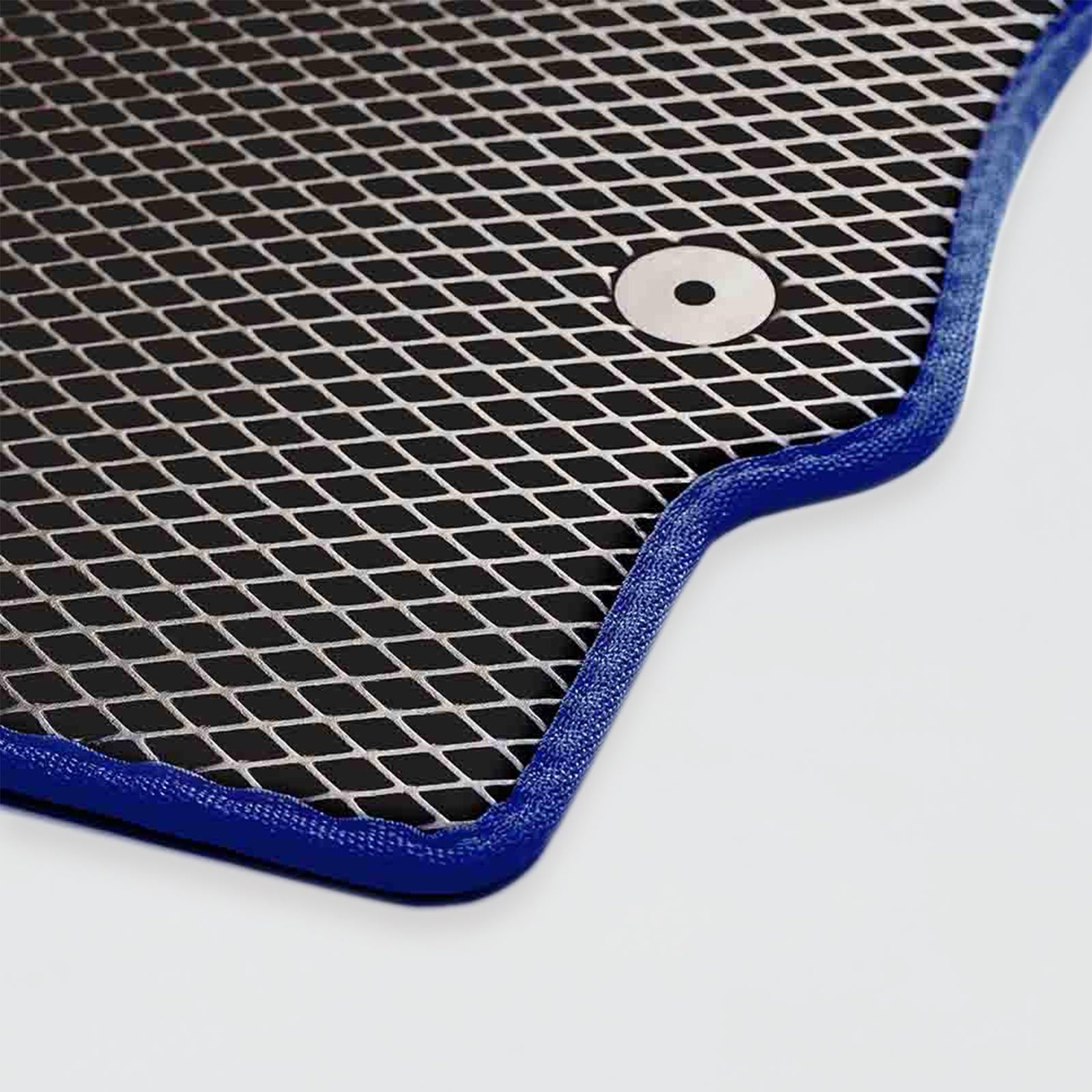 Black rubber mat with blue edges and textured surface for grip