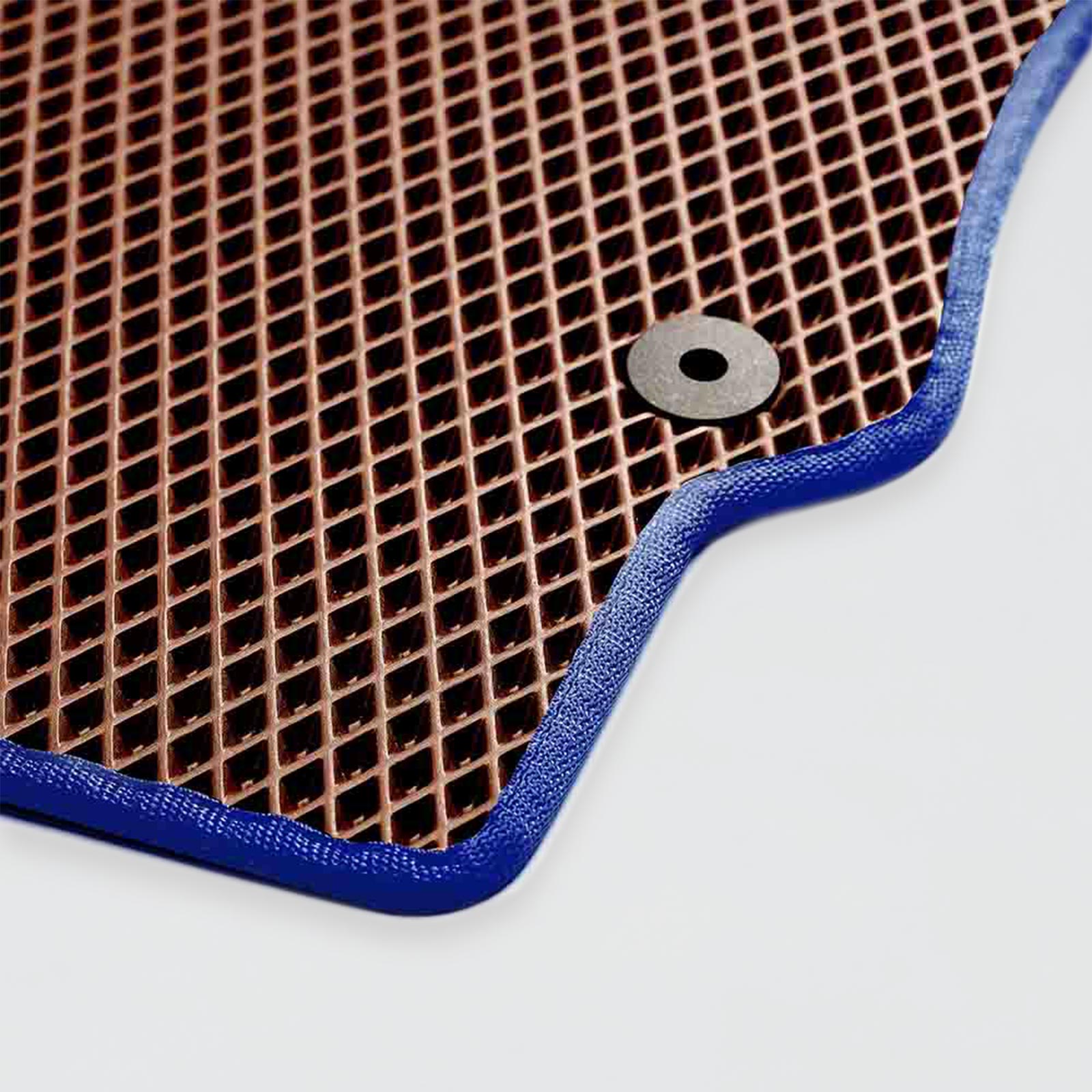 Brown rubber mat with a textured surface and blue edge detail