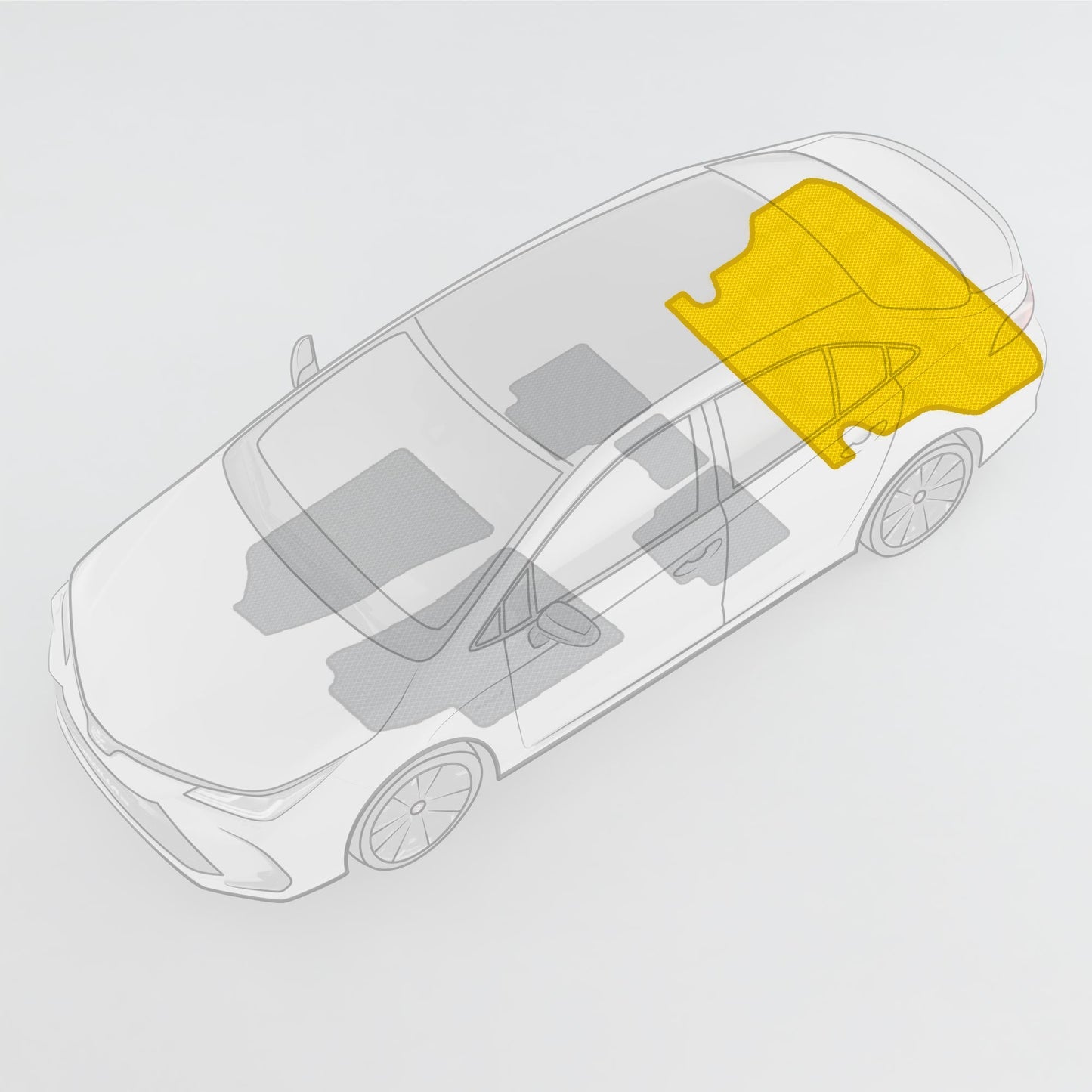 Custom car mats fit diagram highlighting specific areas for trunk liner and mat color options in high-quality EVA material.