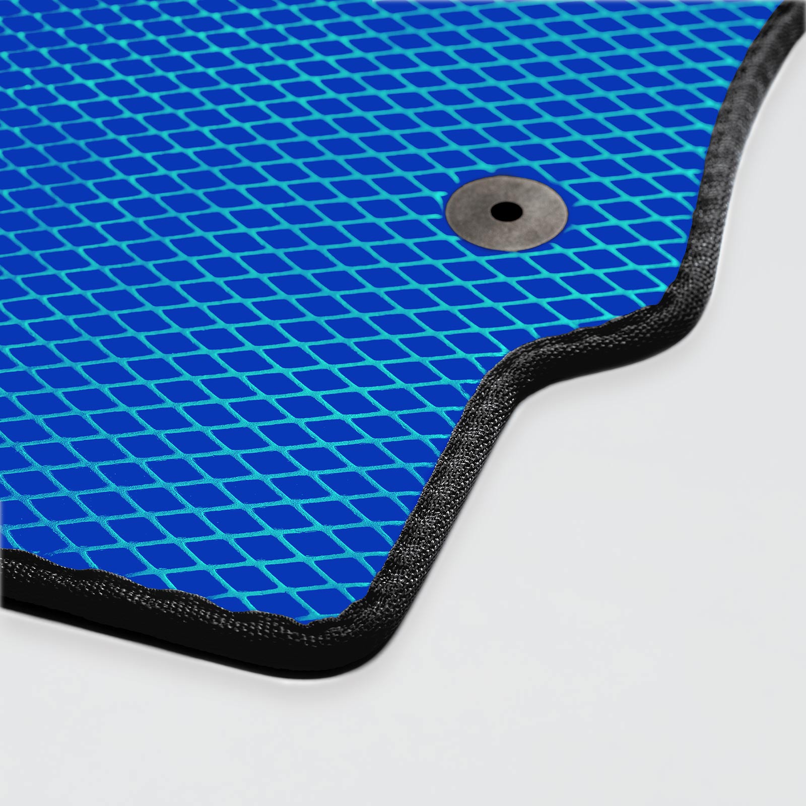 Blue textured mat featuring a black border and a circular hole.