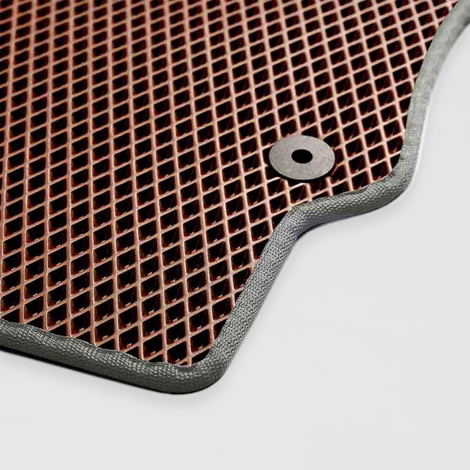 Detailed close-up of a textured rubber mat with a copper grid design.