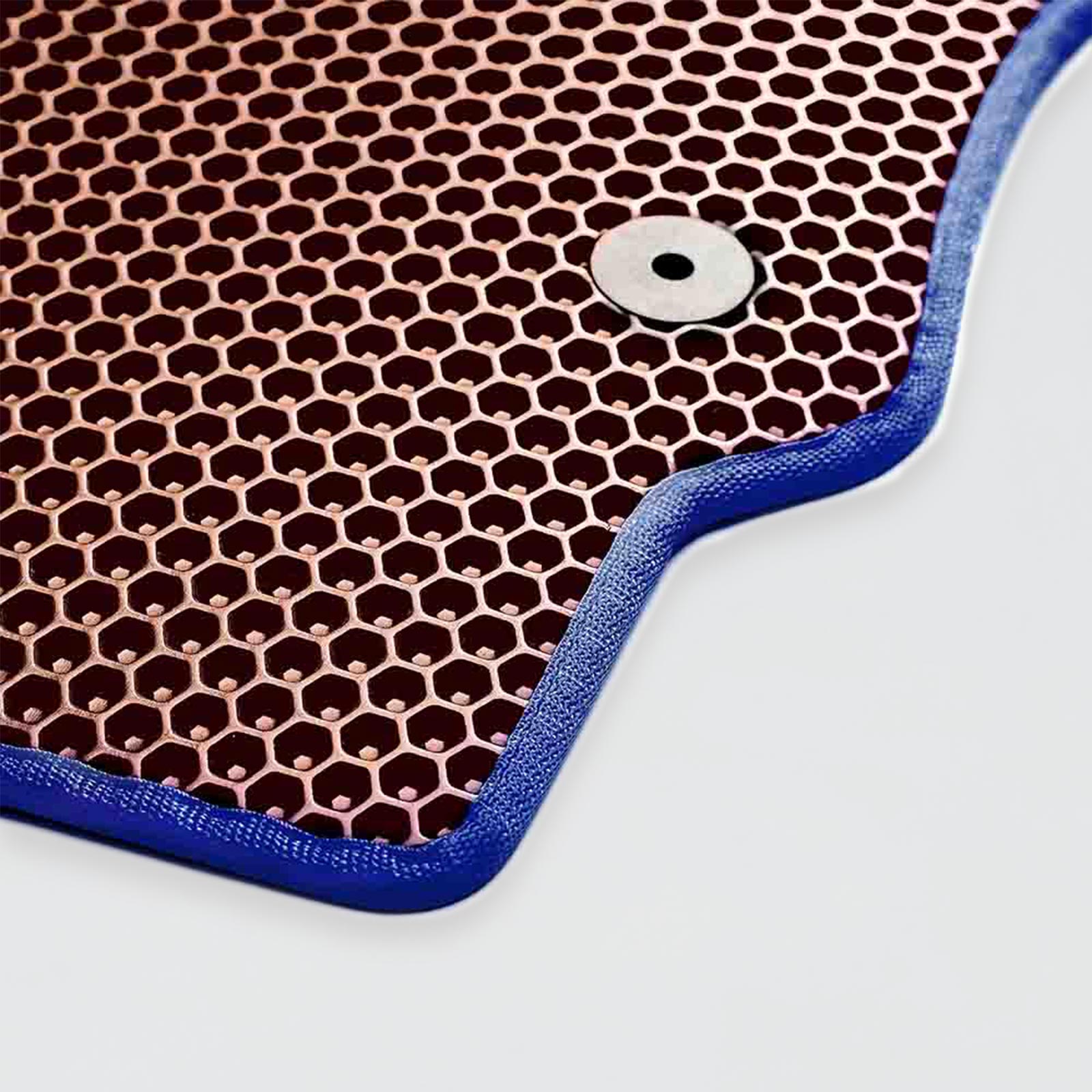 Hexagonal patterned copper mat with royal blue edges and a circular hole.
