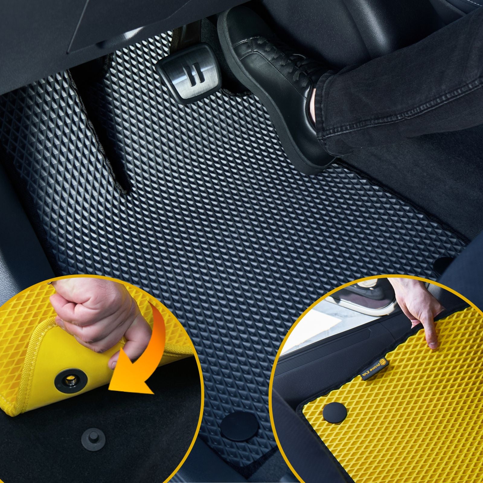 Patvaraus ir tvirtai prigludusio EVA automobilinio kilimėlio montavimas.