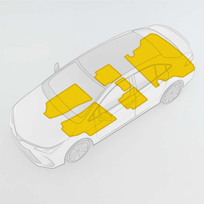 Diagram of custom car mats and cargo liner layout in yellow on a car interior.