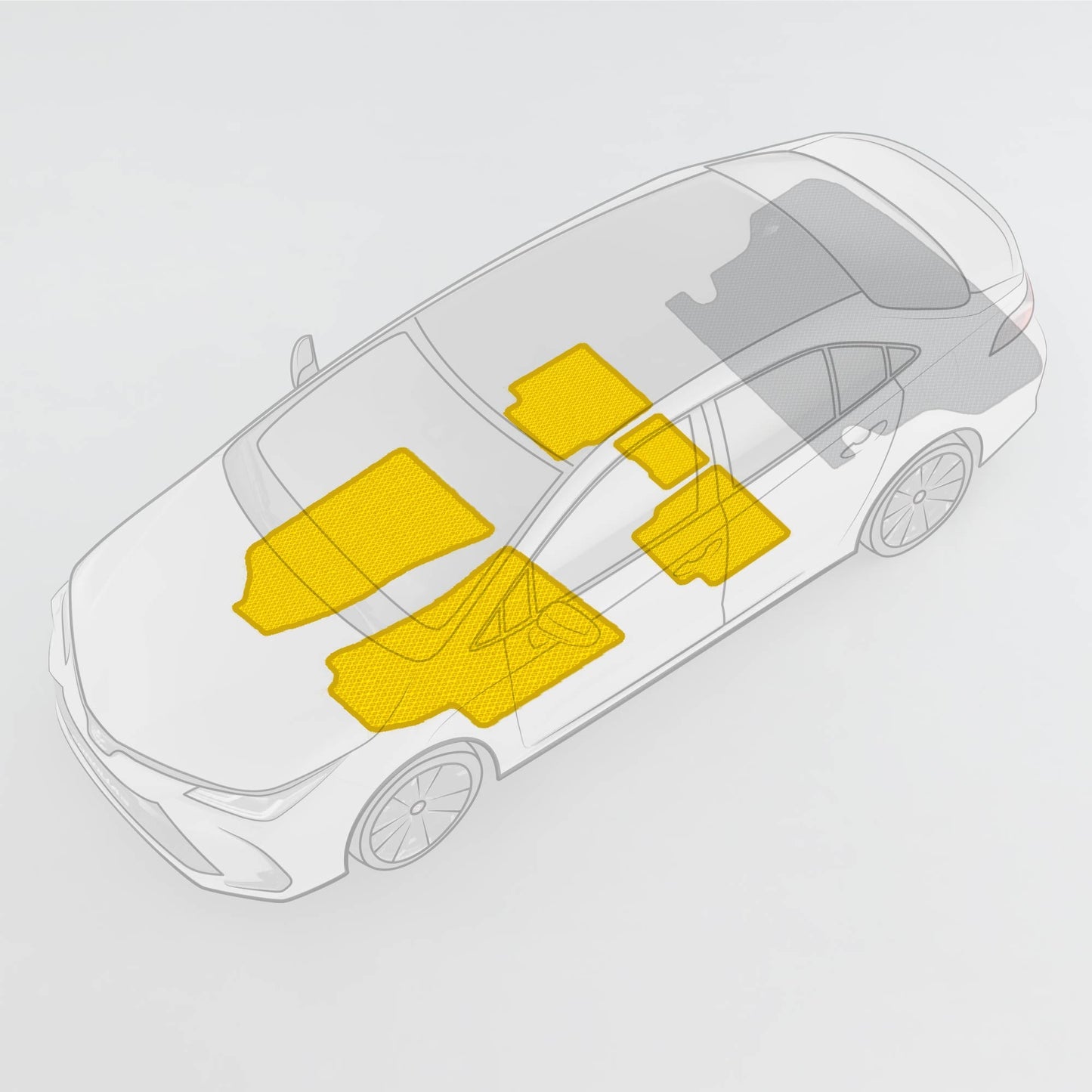 Diagram showing custom car mat set layout for full vehicle coverage, highlighting fit and design for quality interior protection.