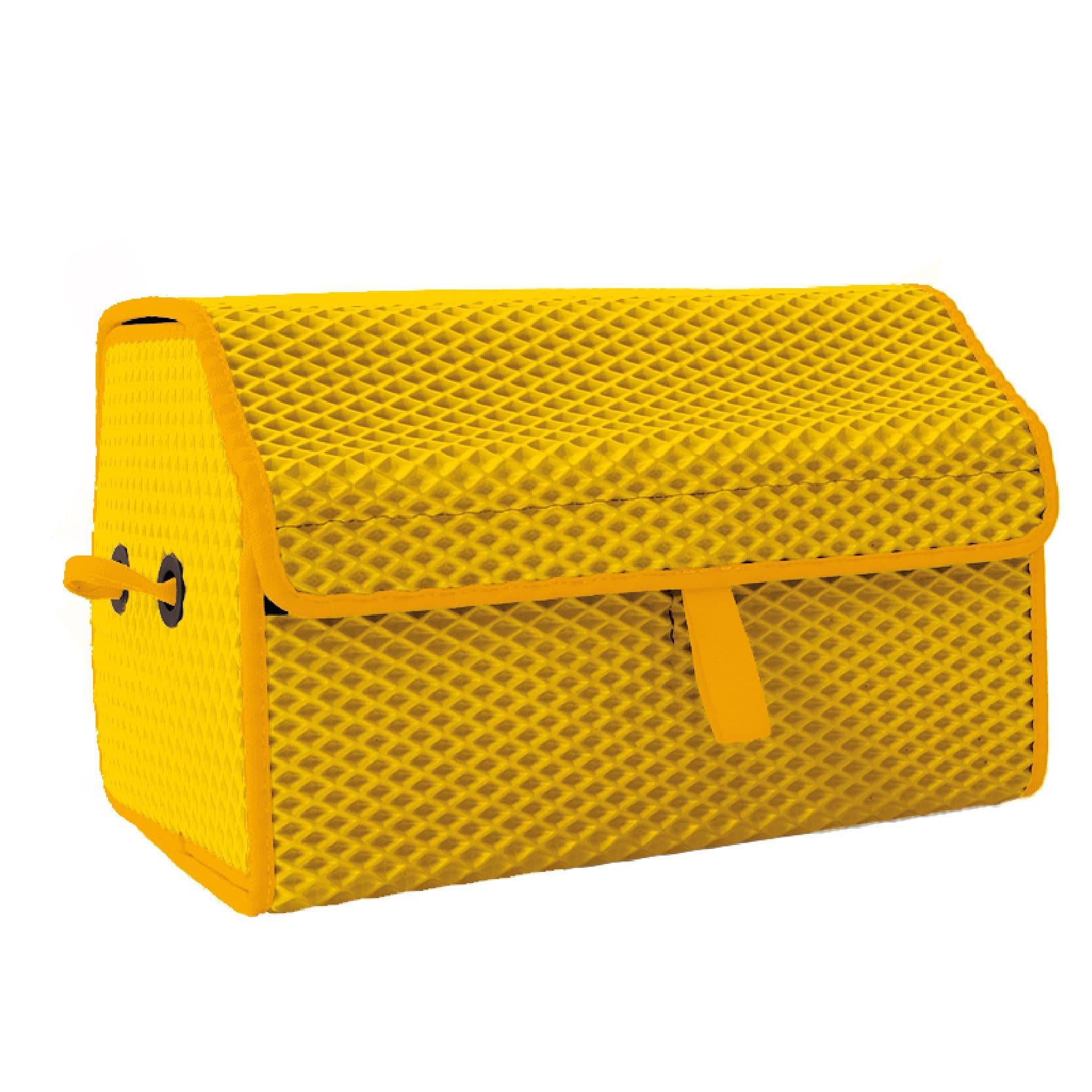 Yellow mesh storage box with flap and handle, suitable for organizing items.