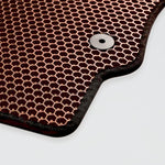 Copper hexagonal mesh mat with a black border and a circular fastener.