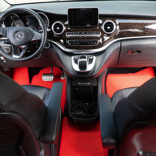Red car floor mats in a luxury Mercedes Vito van interior