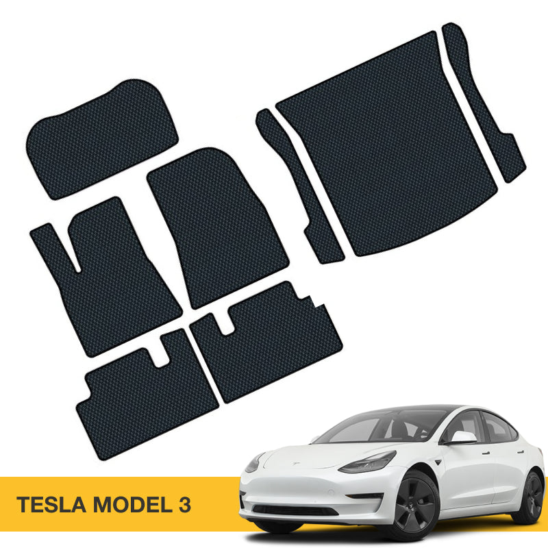 Comprehensive set of EVA car floor and cargo liners for Tesla Model 3 by Prime EVA.