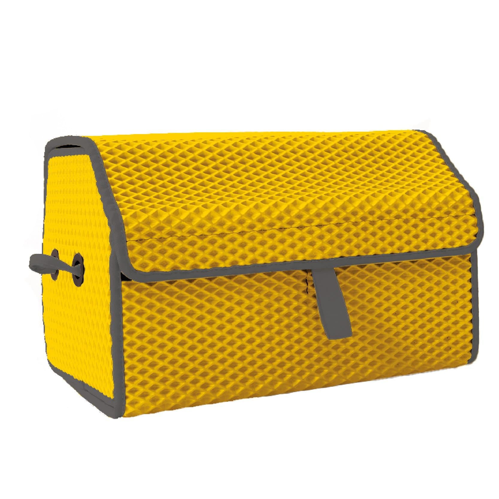Yellow mesh storage box with gray trim and a flap closure.