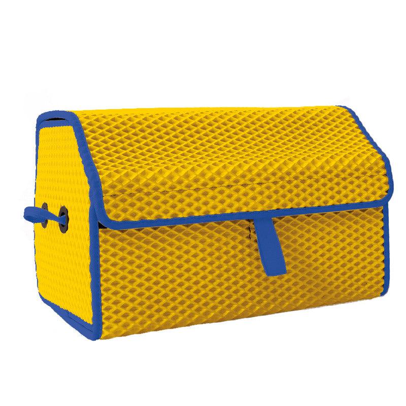 Yellow mesh storage box with blue trim and flap closure