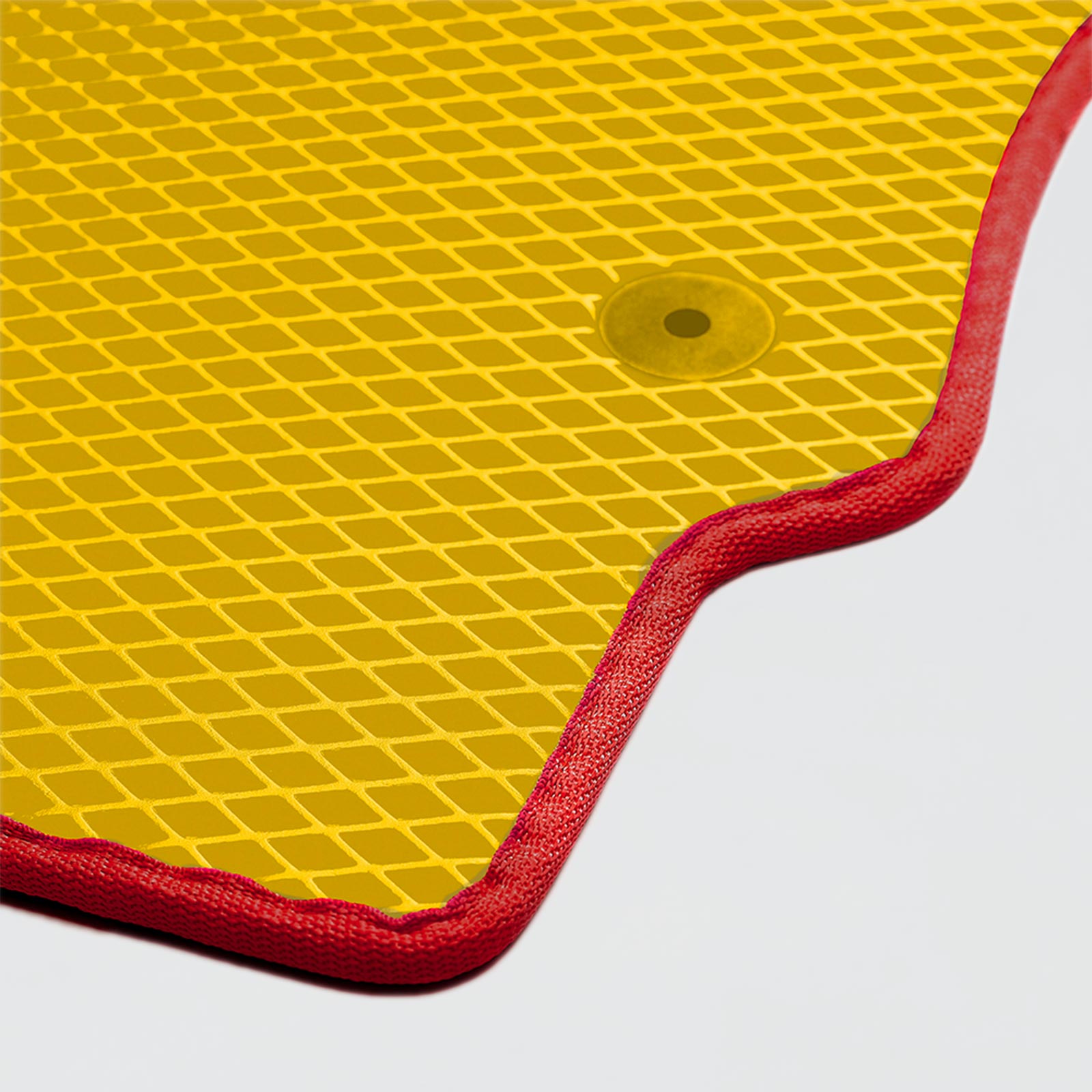 Yellow textured mat with red edges and a circular hole for easy hanging